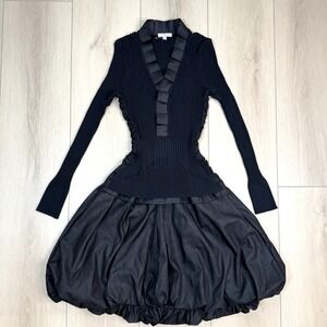VTG Y2K Style Black Bubble Hem Dress Women's M Stretch Rib Knit Taffeta Skirt